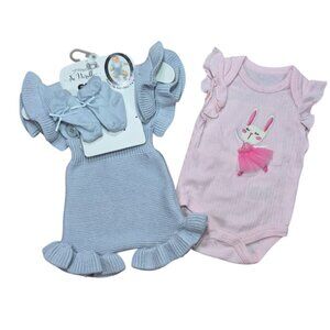 Baby Girls Outfit Set 3M Pink Bunny Romper Blue Knit Ruffle Dres Fits Up To 12M